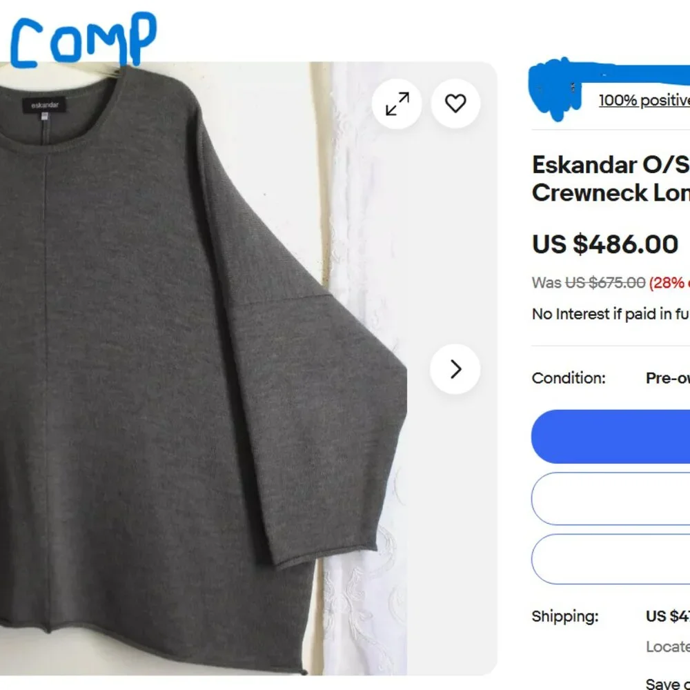 Green O/S Wool eskandar Crewneck Sweater with 3/4 sleeves - Picture 10 of 10